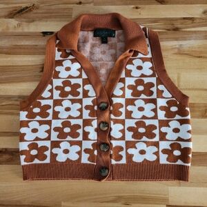 Say What Sweater Vest Size Large Button Up Brown White Flowers approx 34" bust